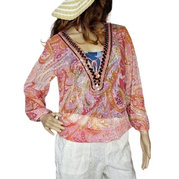 I.N.C beach swim suit coverup mesh sheer orange, beaded, paisley boho size M - Picture 1 of 6